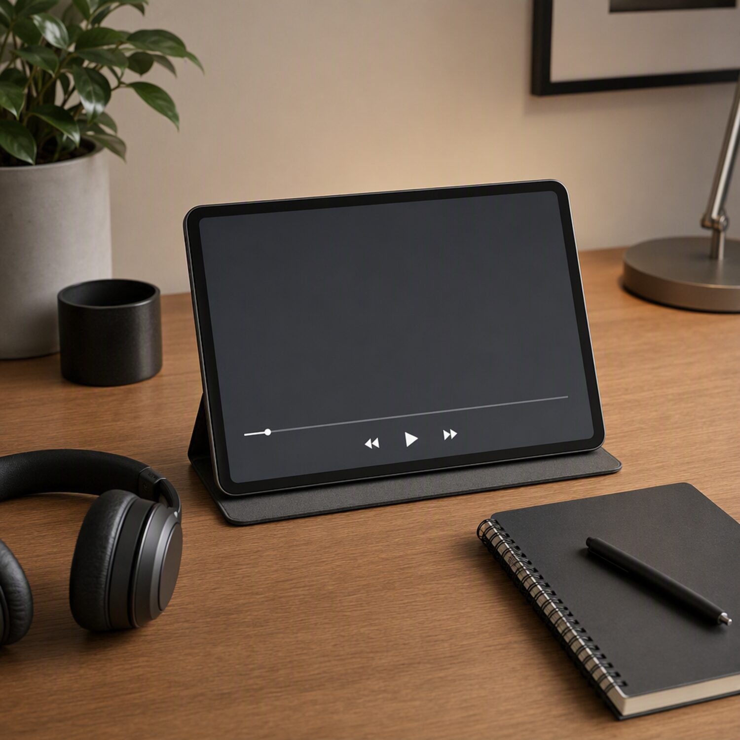 A tablet on a stand showing a blank player