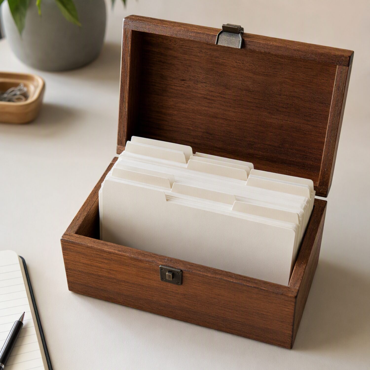 A wooden card index box with blank cards