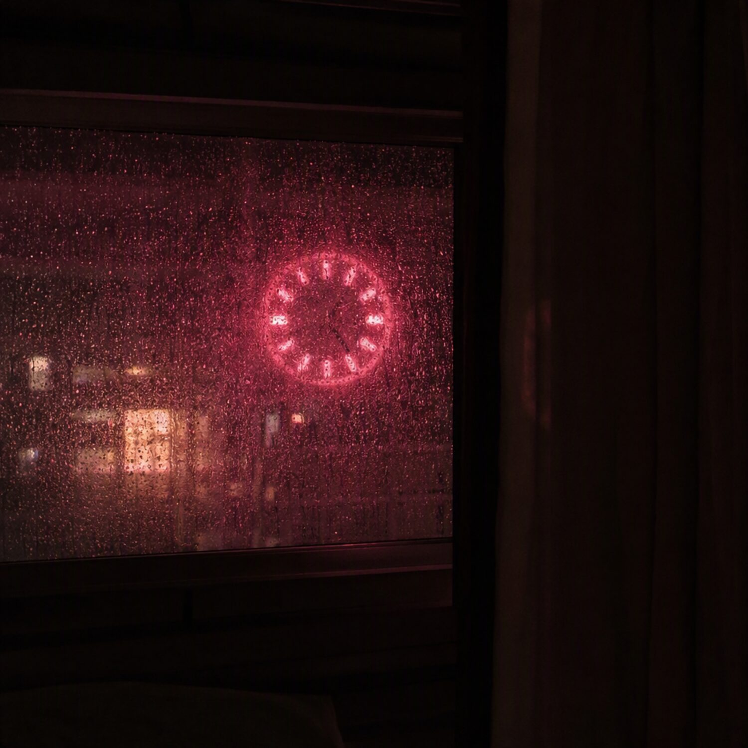 A neon-lit clock reflected in a wet window