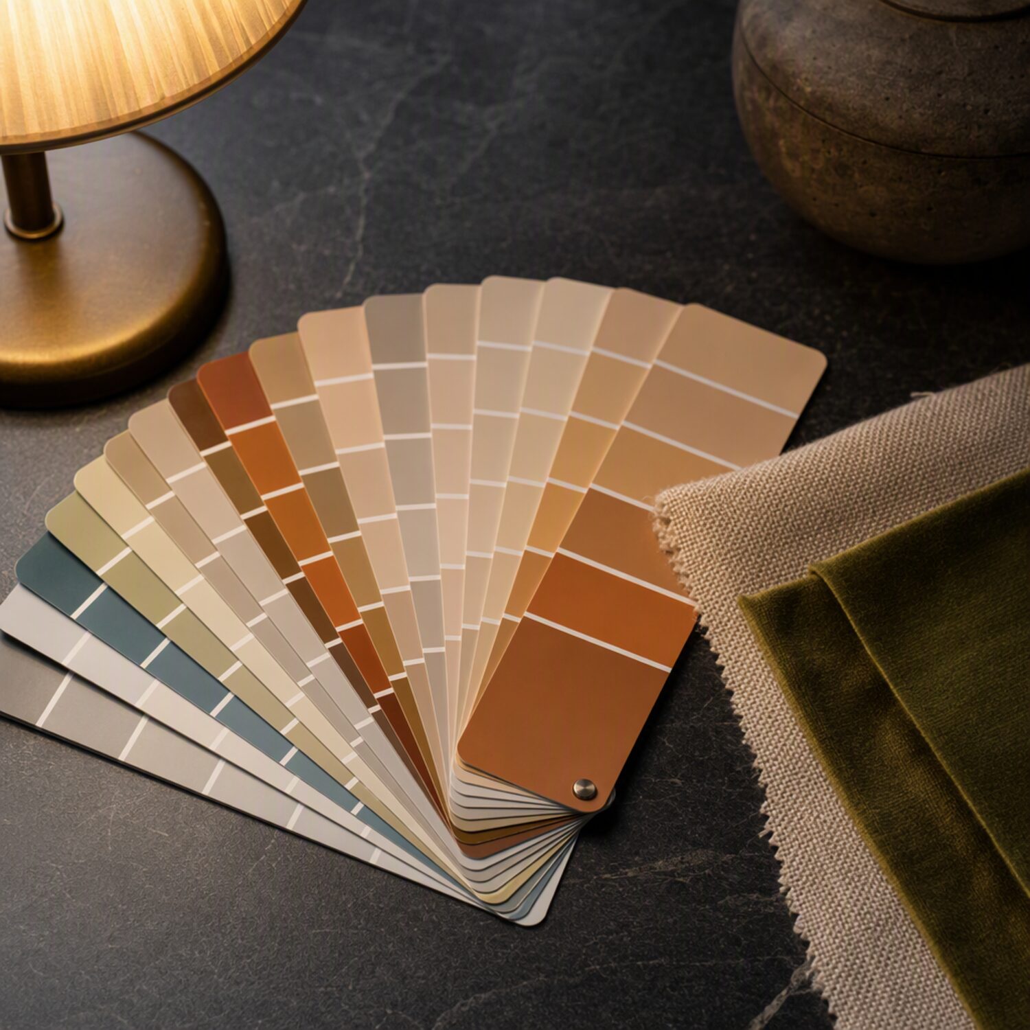 Paint swatches and fabric samples on slate