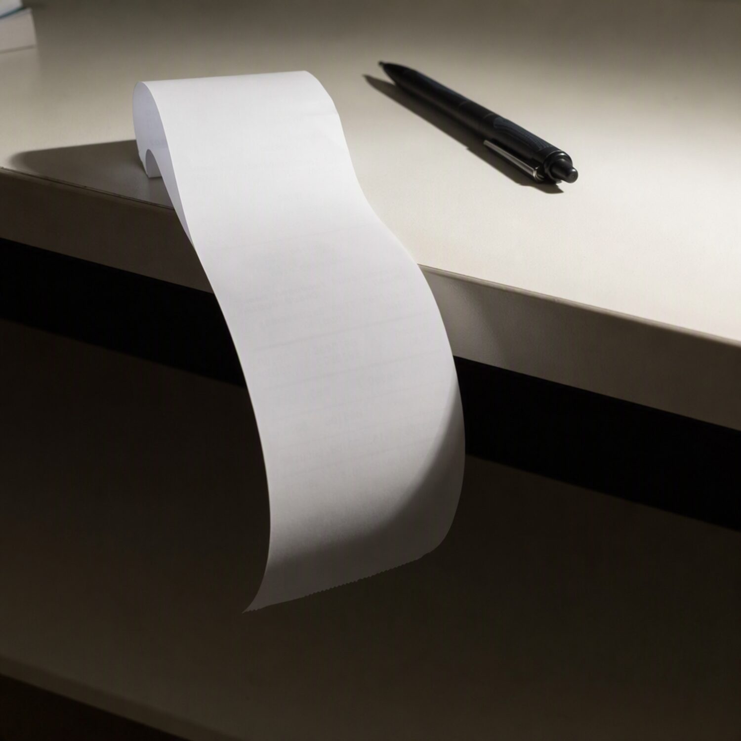 A long paper receipt curling off a desk
