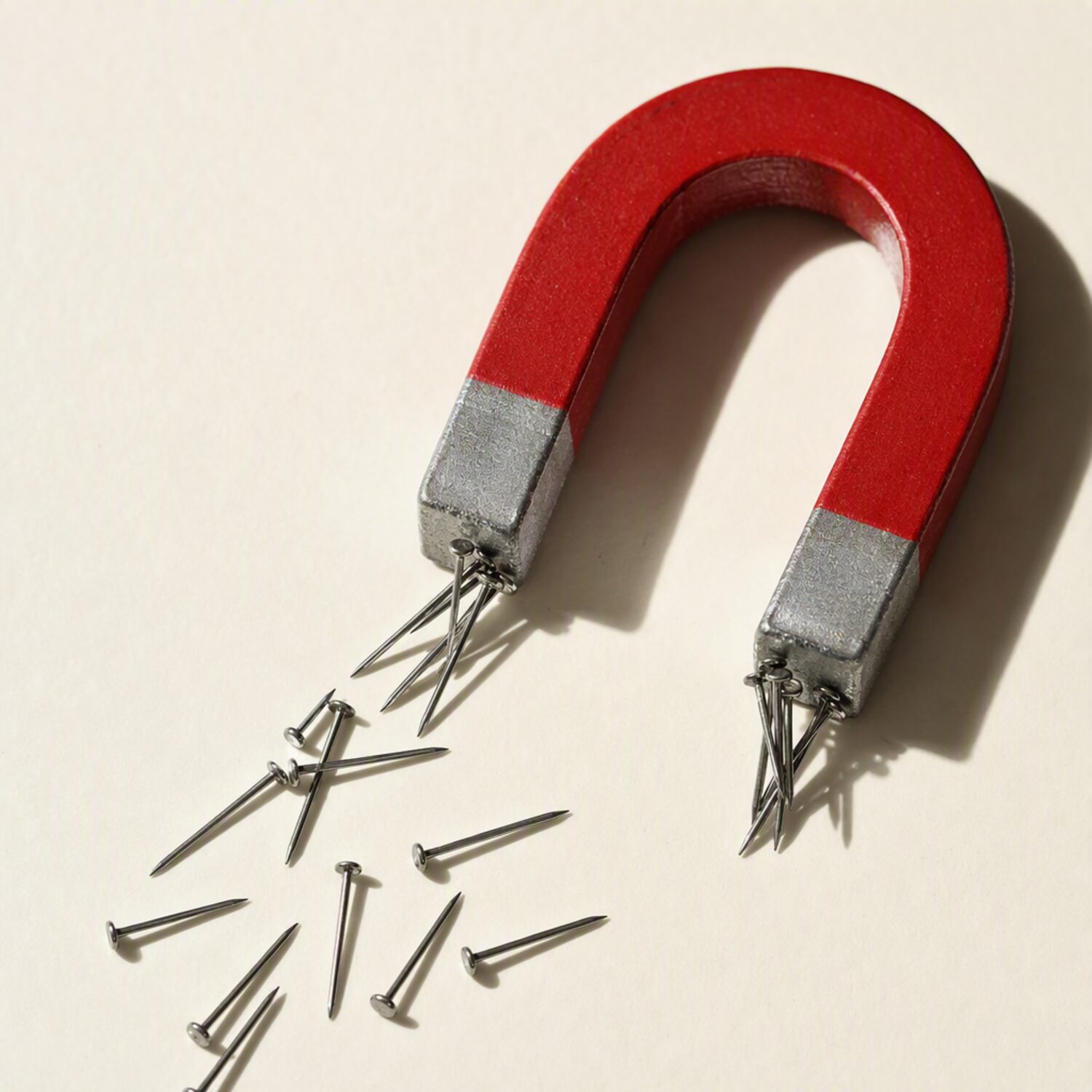 A horseshoe magnet attracting steel pins