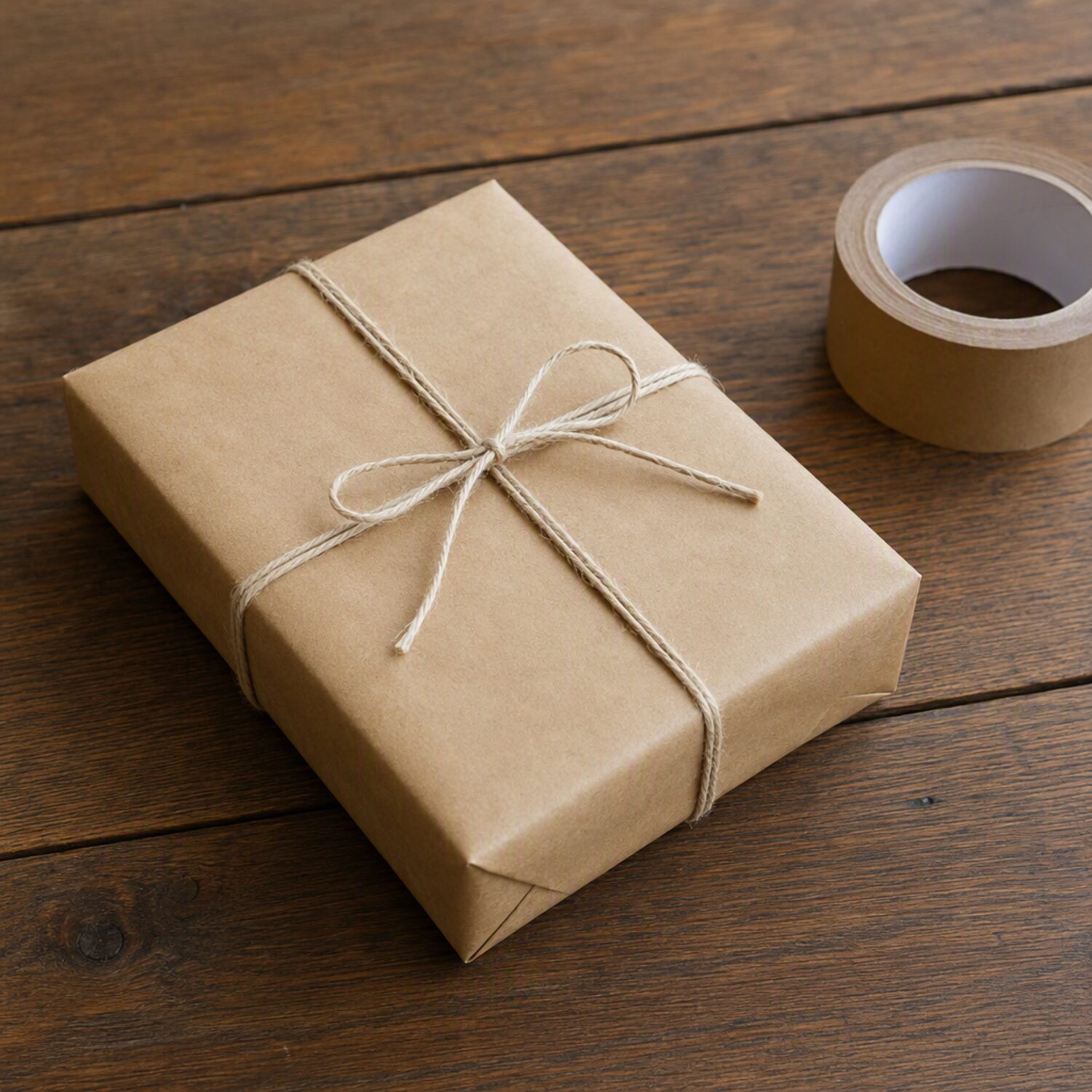 A brown paper parcel tied with string