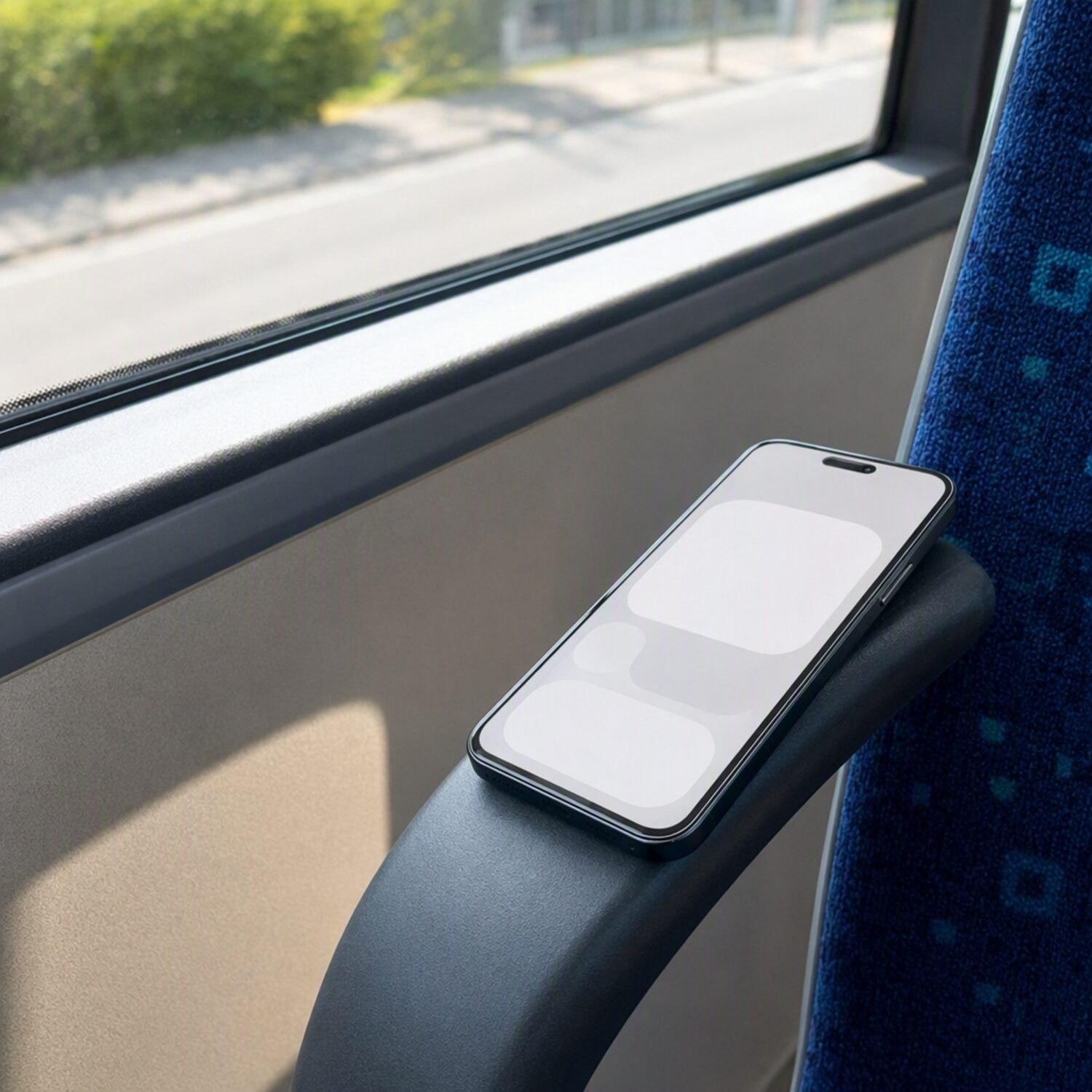 A phone showing a blank interface on a bus armrest