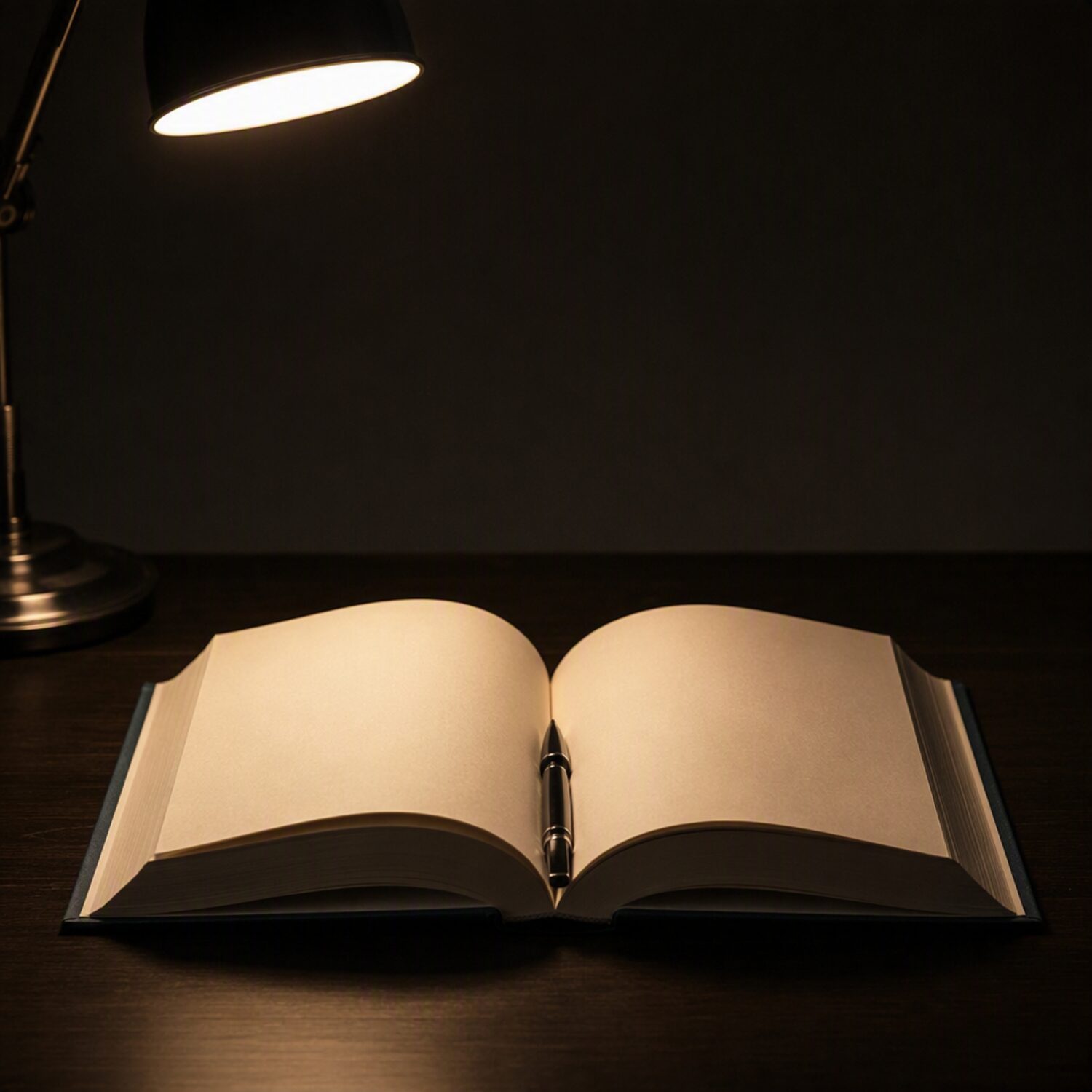 An open hardback book under a lamp